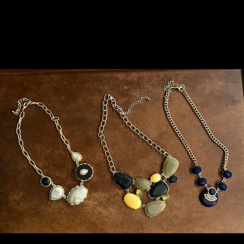 Three Gold Tone Jeweled Fashion Necklaces 18-20”